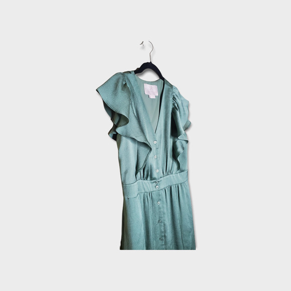 Gal Meets Glam Torey Ruffle Satin Maxi Dress Sage Green Button Down Women's 6 - Picture 4 of 8
